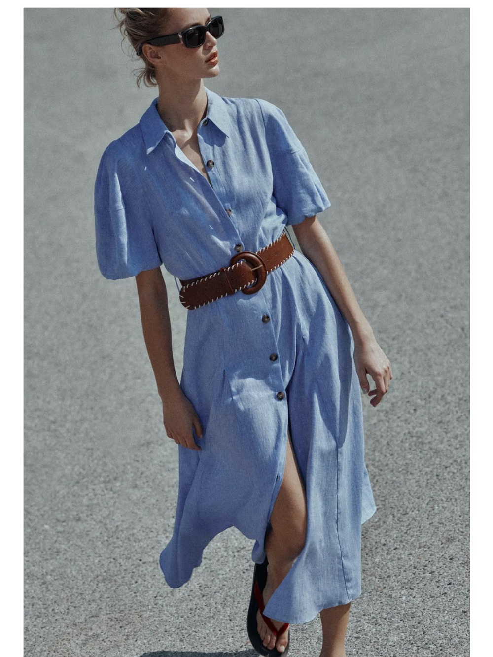 Zara Light Blue Button-Front Midi Shirt Dress